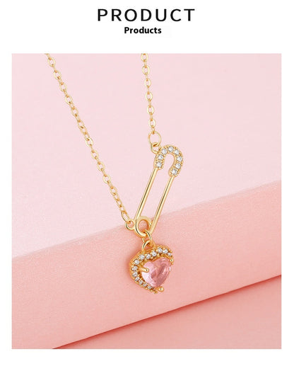 Rhinestone Heart-shaped Pin Necklace Special-interest Design Exquisite High-grade Light Luxury Clavicle Chain