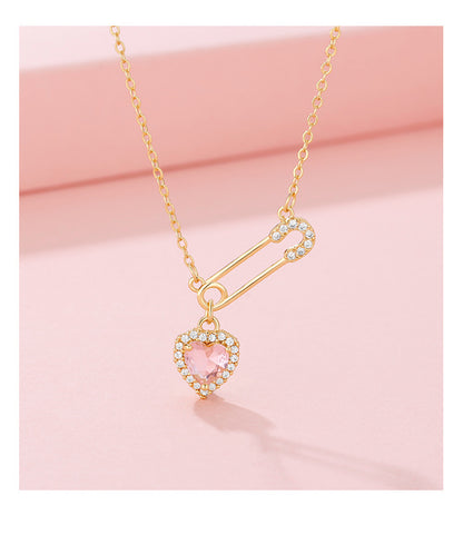 Rhinestone Heart-shaped Pin Necklace Special-interest Design Exquisite High-grade Light Luxury Clavicle Chain