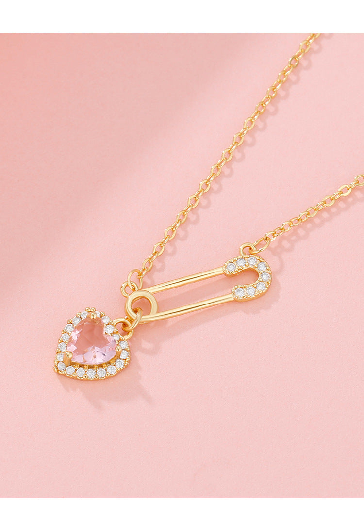 Rhinestone Heart-shaped Pin Necklace Special-interest Design Exquisite High-grade Light Luxury Clavicle Chain